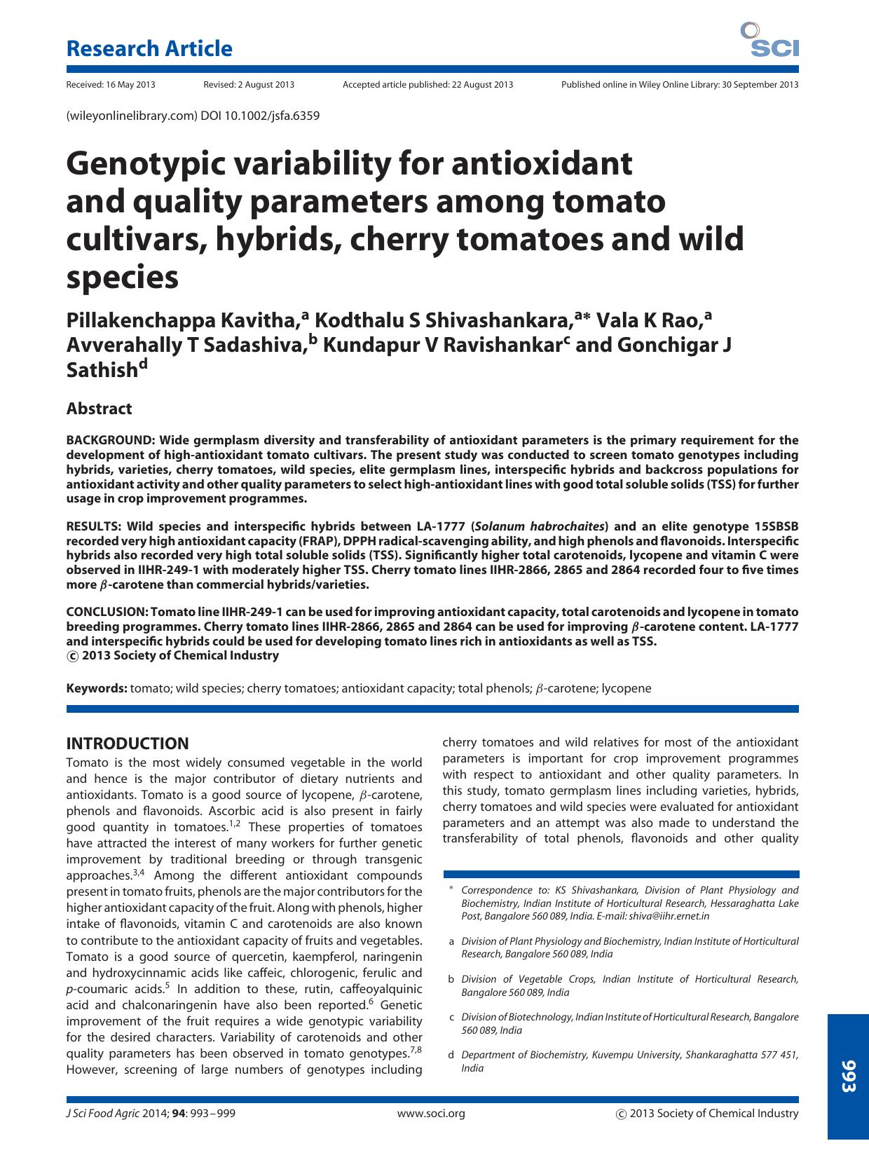Genotypic variability for antioxidant and quality parameters among tomato cultivars, hybrids, cherry tomatoes and wild species by Unknown