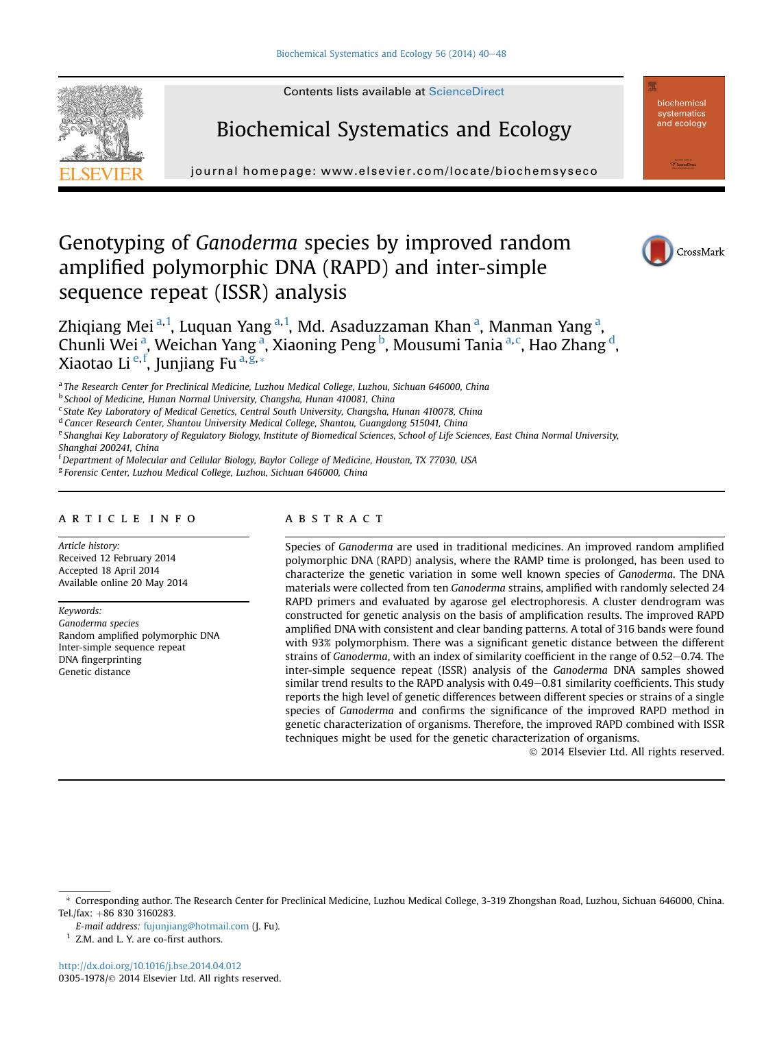 Genotyping of Ganoderma species by improved random amplified polymorphic DNA (RAPD) and inter-simple sequence repeat (ISSR) analysis by unknow