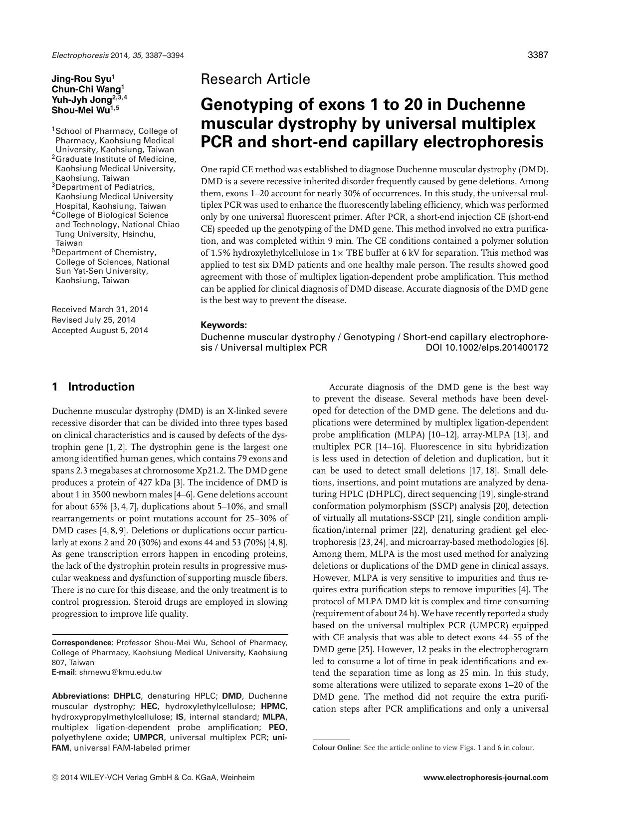 Genotyping of exons 1 to 20 in Duchenne muscular dystrophy by universal multiplex PCR and short&#x02010;end capillary electrophoresis by Unknown