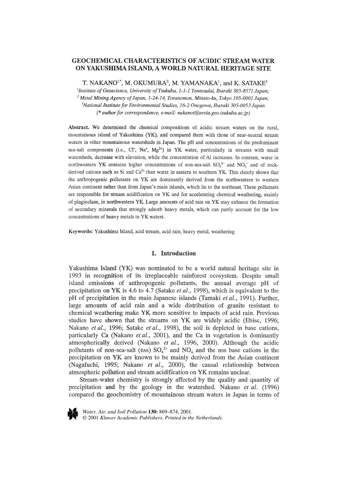 Geochemical Characteristics of Acidic Stream Water on Yakushima Island, a World Natural Heritage Site by Unknown
