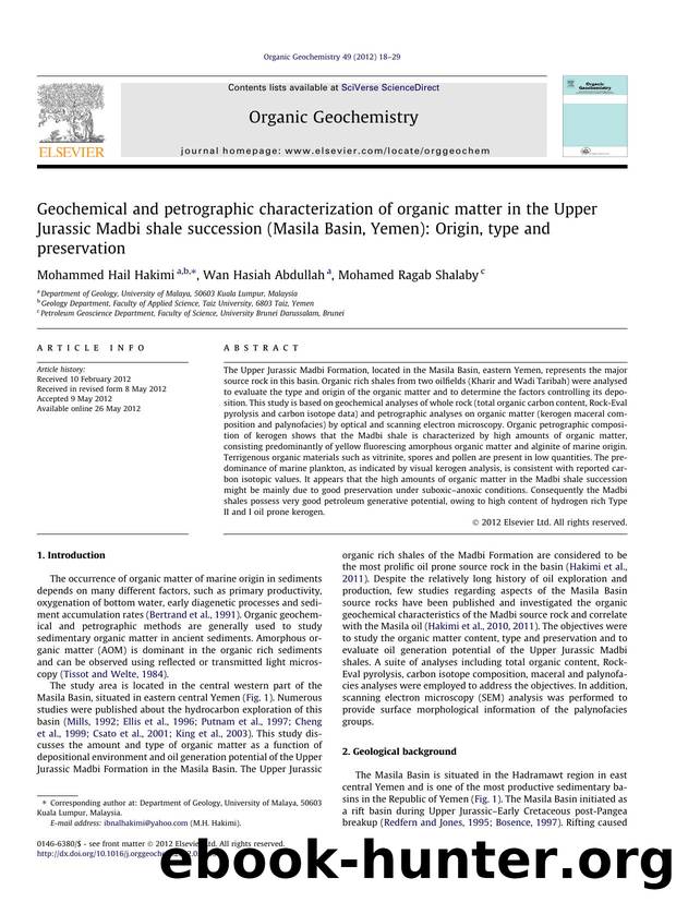 Geochemical and petrographic characterization of organic matter in the Upper Jurassic Madbi shale succession (Masila Basin, Yemen): Origin, type and preservation by Mohammed Hail Hakimi & Wan Hasiah Abdullah & Mohamed Ragab Shalaby