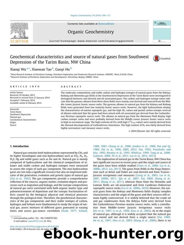 Geochemical characteristics and source of natural gases from Southwest Depression of the Tarim Basin, NW China by Xiaoqi Wu & Xiaowan Tao & Guoyi Hu