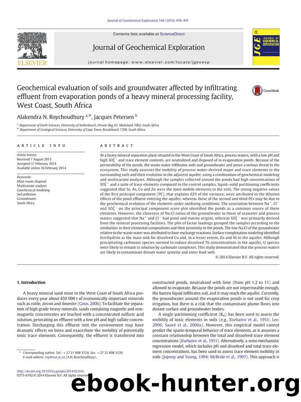 Geochemical evaluation of soils and groundwater affected by infiltrating effluent from evaporation ponds of a heavy mineral processing facility, West Coast, South Africa by Alakendra N. Roychoudhury & Jacques Petersen