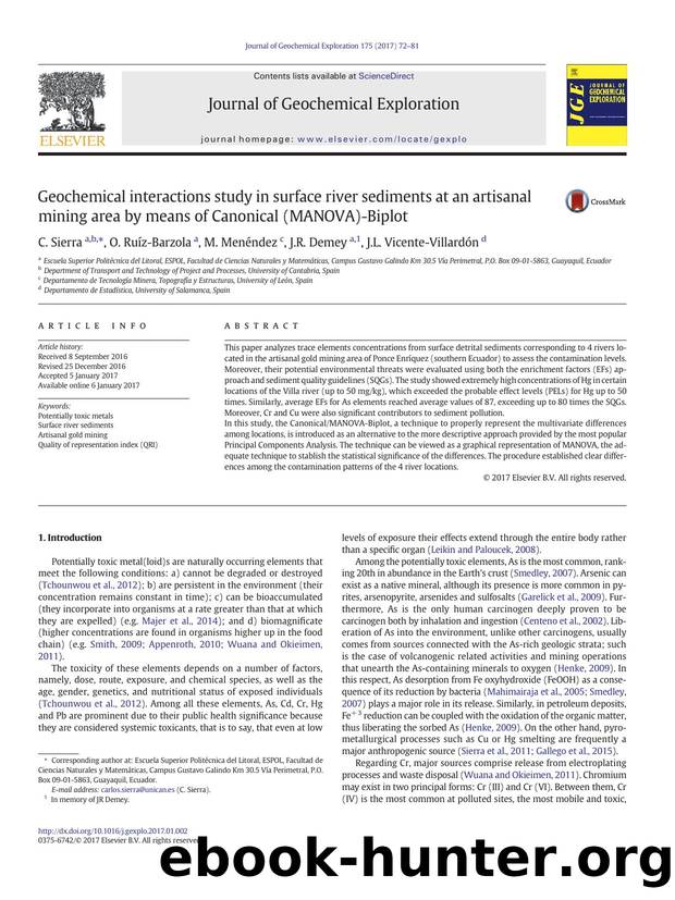 Geochemical interactions study in surface river sediments at an artisanal mining area by means of Canonical (MANOVA)-Biplot by C. Sierra & O. Ruíz-Barzola & M. Menéndez & J.R. Demey & J.L. Vicente-Villardón