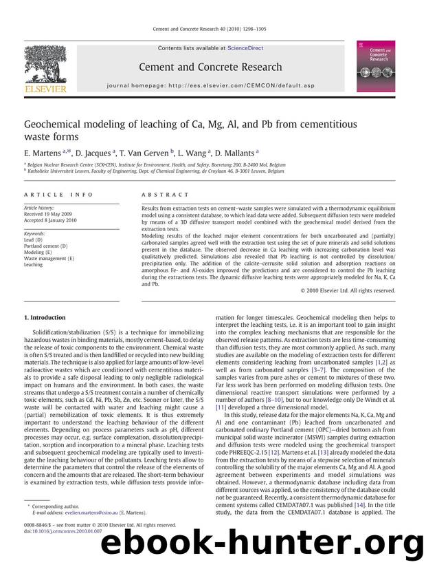 Geochemical modeling of leaching of Ca, Mg, Al, and Pb from cementitious waste forms by E. Martens & D. Jacques & T. Van Gerven & L. Wang & D. Mallants