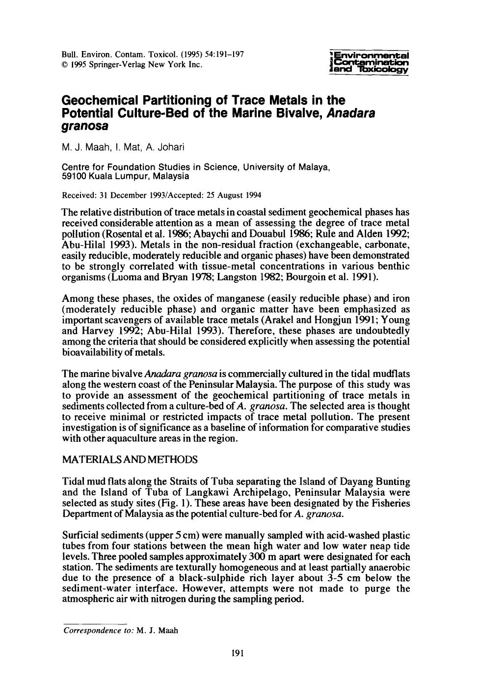 Geochemical partitioning of trace metals in the potential culture-bed of the marine bivalve, <Emphasis Type="Italic">Anadara granosa<Emphasis> by Unknown