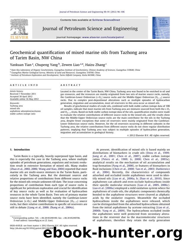Geochemical quantification of mixed marine oils from Tazhong area of Tarim Basin, NW China by Yankuan Tian & Chupeng Yang & Zewen Liao & Haizu Zhang