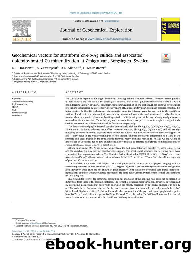 Geochemical vectors for stratiform Zn-Pb-Ag sulfide and associated dolomite-hosted Cu mineralization at Zinkgruvan, Bergslagen, Sweden by N.F. Jansson & A. Zetterqvist & R.L. Allen & L. Malmström