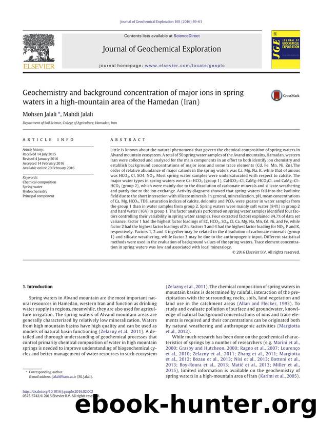 Geochemistry and background concentration of major ions in spring waters in a high-mountain area of the Hamedan (Iran) by Mohsen Jalali & Mahdi Jalali