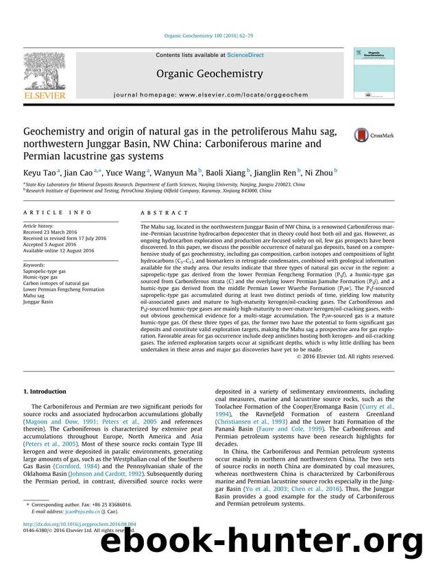 Geochemistry and origin of natural gas in the petroliferous Mahu sag, northwestern Junggar Basin, NW China: Carboniferous marine and Permian lacustrine gas systems by Keyu Tao & Jian Cao & Yuce Wang & Wanyun Ma & Baoli Xiang & Jianglin Ren & Ni Zhou