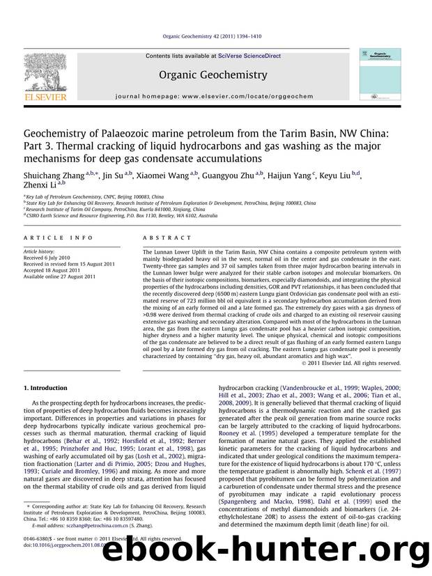 Geochemistry of Palaeozoic marine petroleum from the Tarim Basin, NW China: Part 3. Thermal cracking of liquid hydrocarbons and gas washing as the major mechanisms for deep gas con by Shuichang Zhang & Jin Su & Xiaomei Wang & Guangyou Zhu & Haijun Yang & Keyu Liu & Zhenxi Li