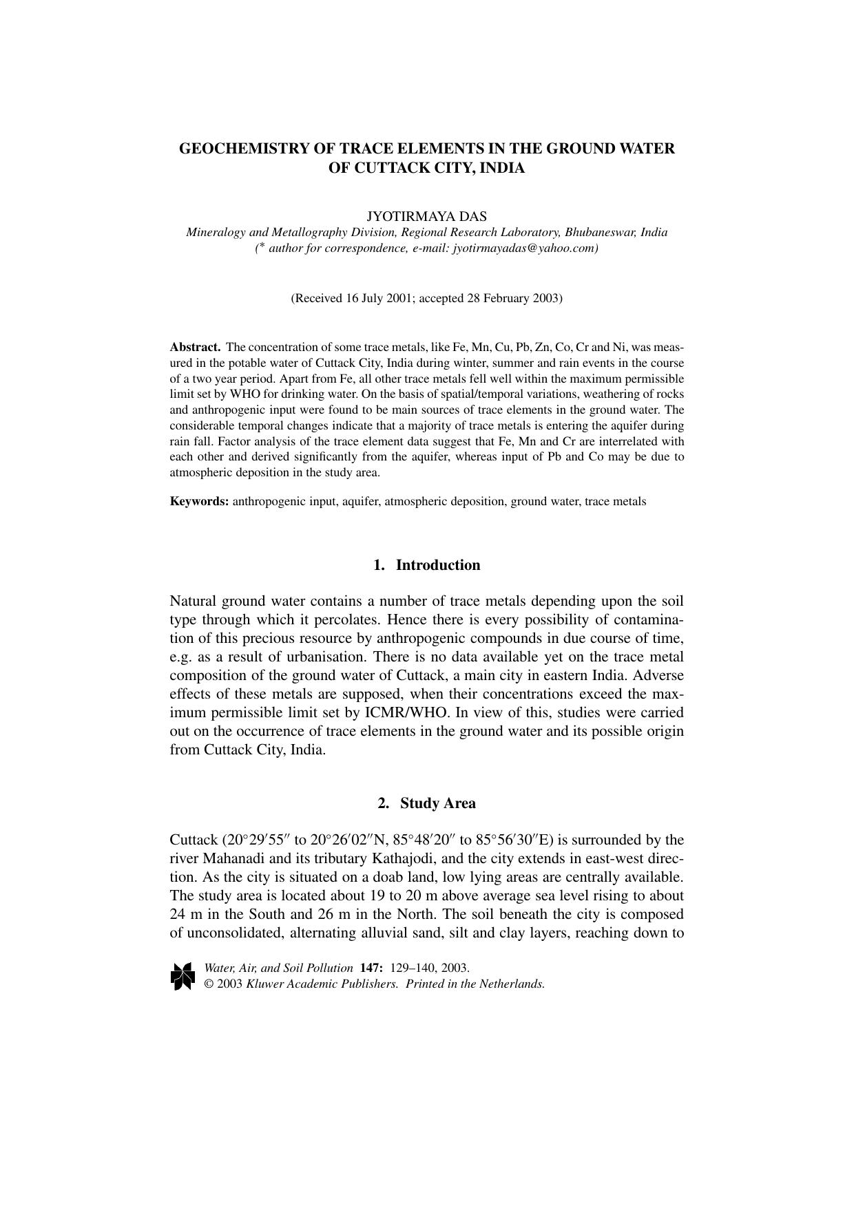 Geochemistry of Trace Elements in the Ground Water of Cuttack City, India by Unknown