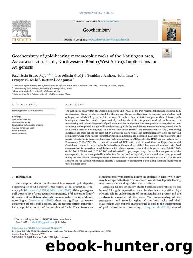 Geochemistry of gold-bearing metamorphic rocks of the Natitingou area, Atacora structural unit, Northwestern BÃ&#x83;ÃÂ©nin (West Africa): Implications for Au genesis by unknow