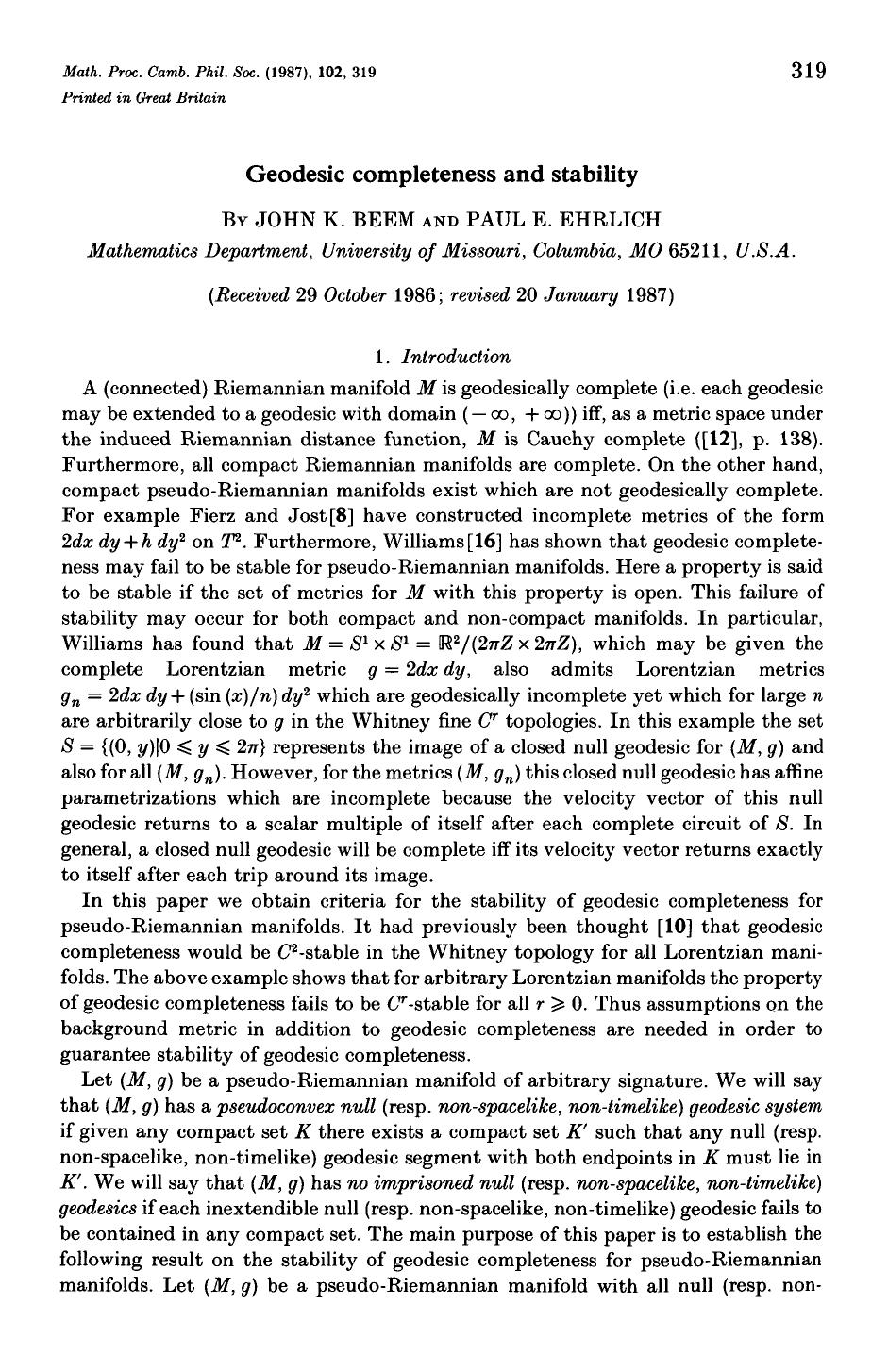 Geodesic completeness and stability by John K. Beem & Paul E. Ehrlich