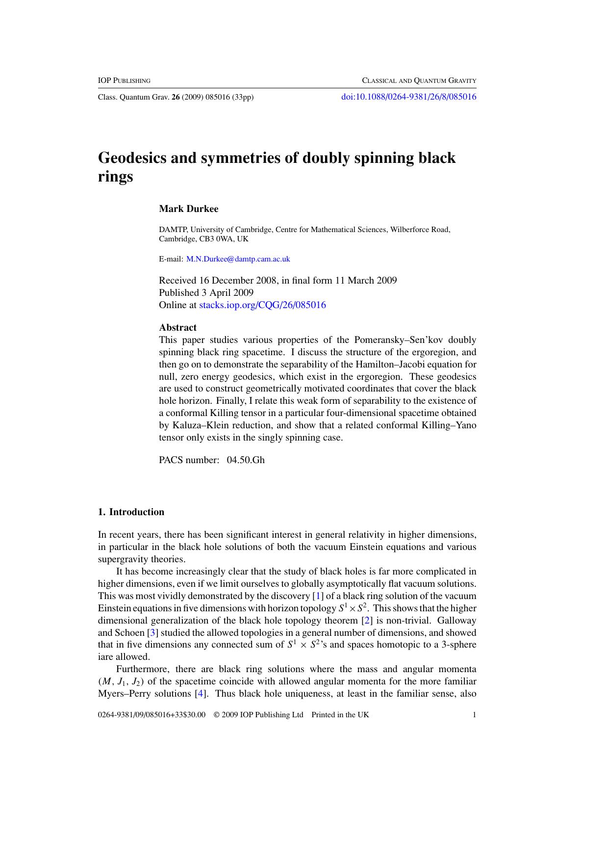 Geodesics and symmetries of doubly spinning black rings by M Durkee