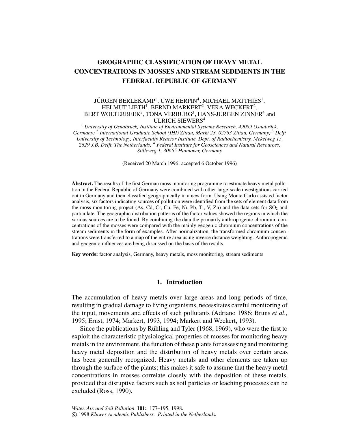 Geographic Classification of Heavy Metal Concentrations in Mosses and Stream Sediments in the Federal Republic of Germany by Unknown