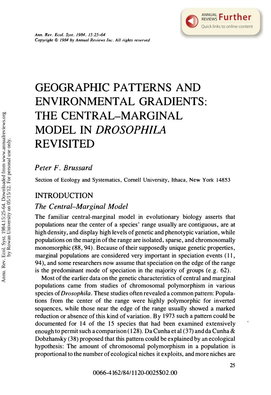 Geographic Patterns and Environmental Gradients: The Central-Marginal Model in Drosophila Revisited by P F Brussard