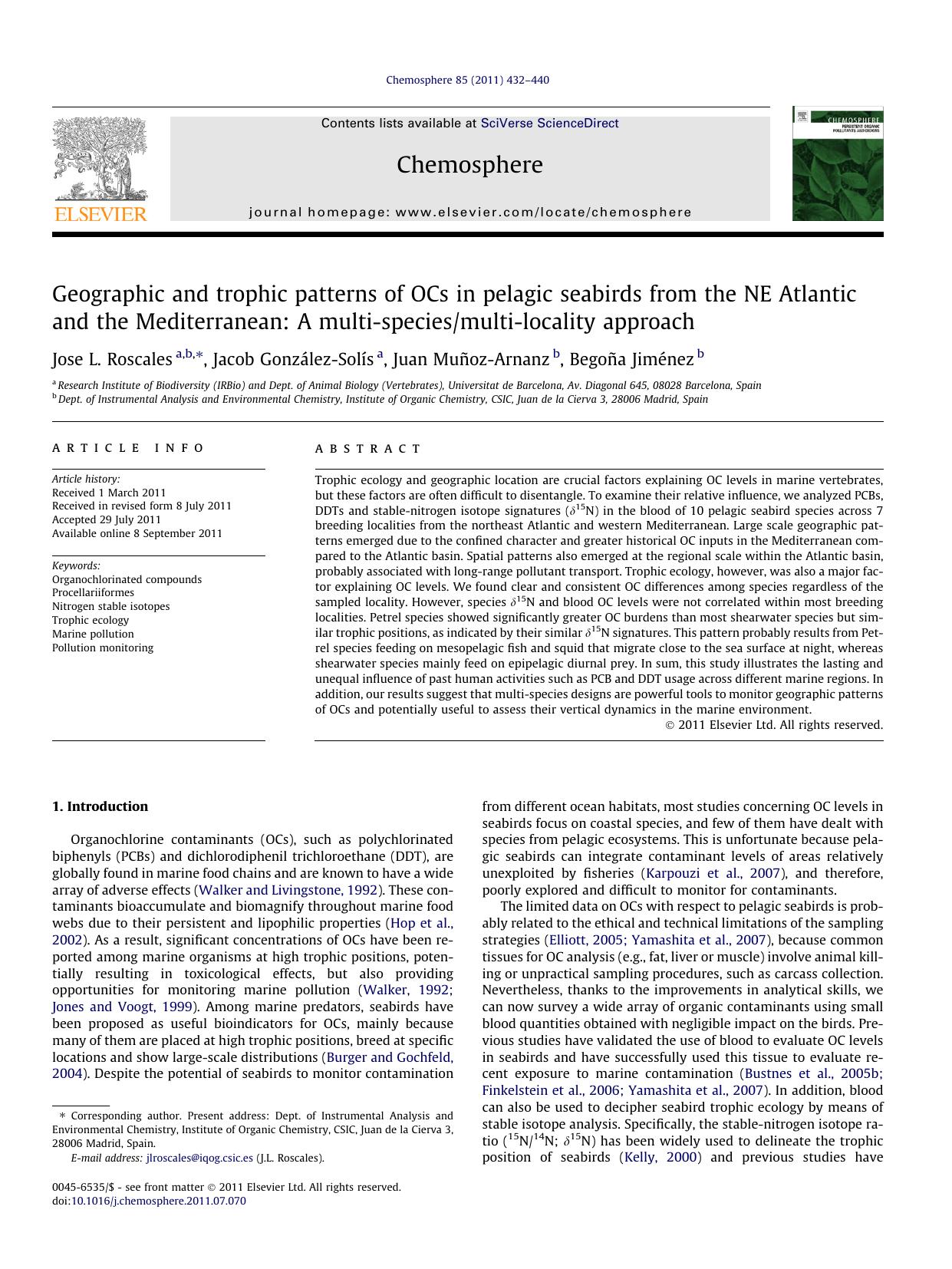 Geographic and trophic patterns of OCs in pelagic seabirds from the NE Atlantic and the Mediterranean: A multi-speciesmulti-locality approach by Jose L. Roscales & Jacob González-Solís & Juan Muñoz-Arnanz & Begoña Jiménez