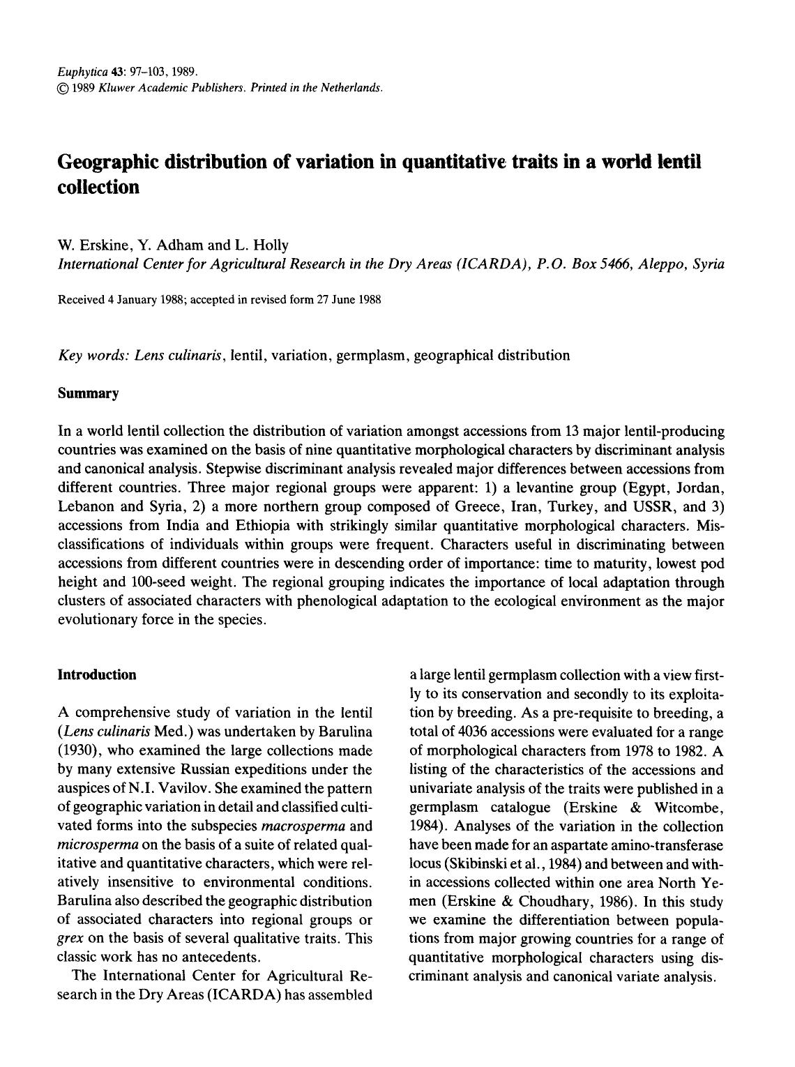 Geographic distribution of variation in quantitative traits in a world lentil collection by Unknown