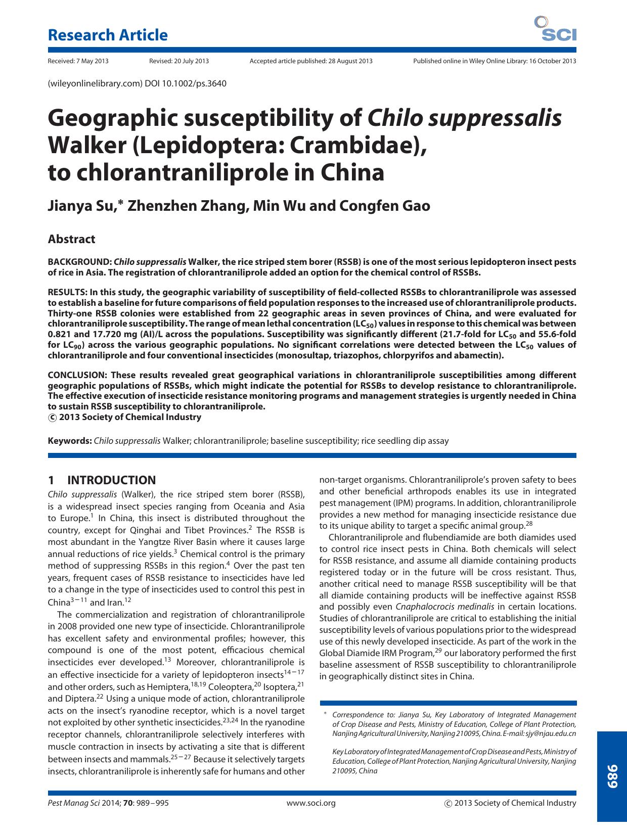 Geographic susceptibility of Chilo suppressalis Walker (Lepidoptera: Crambidae), to chlorantraniliprole in China by Unknown