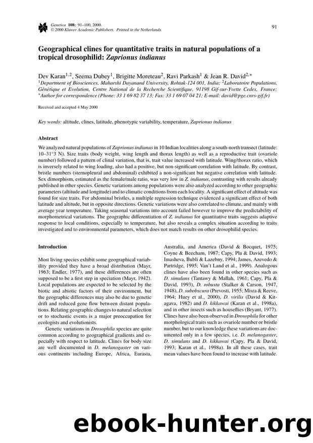 Geographical Clines for Quantitative Traits in Natural Populations of a Tropical Drosophilid: Zaprionus Indianus by Unknown