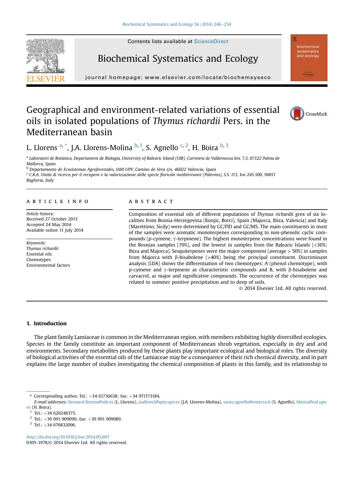 Geographical and environment-related variations of essential oils in isolated populations of Thymus richardii Pers. in the Mediterranean basin by L. Llorens & J.A. Llorens-Molina & S. Agnello & H. Boira