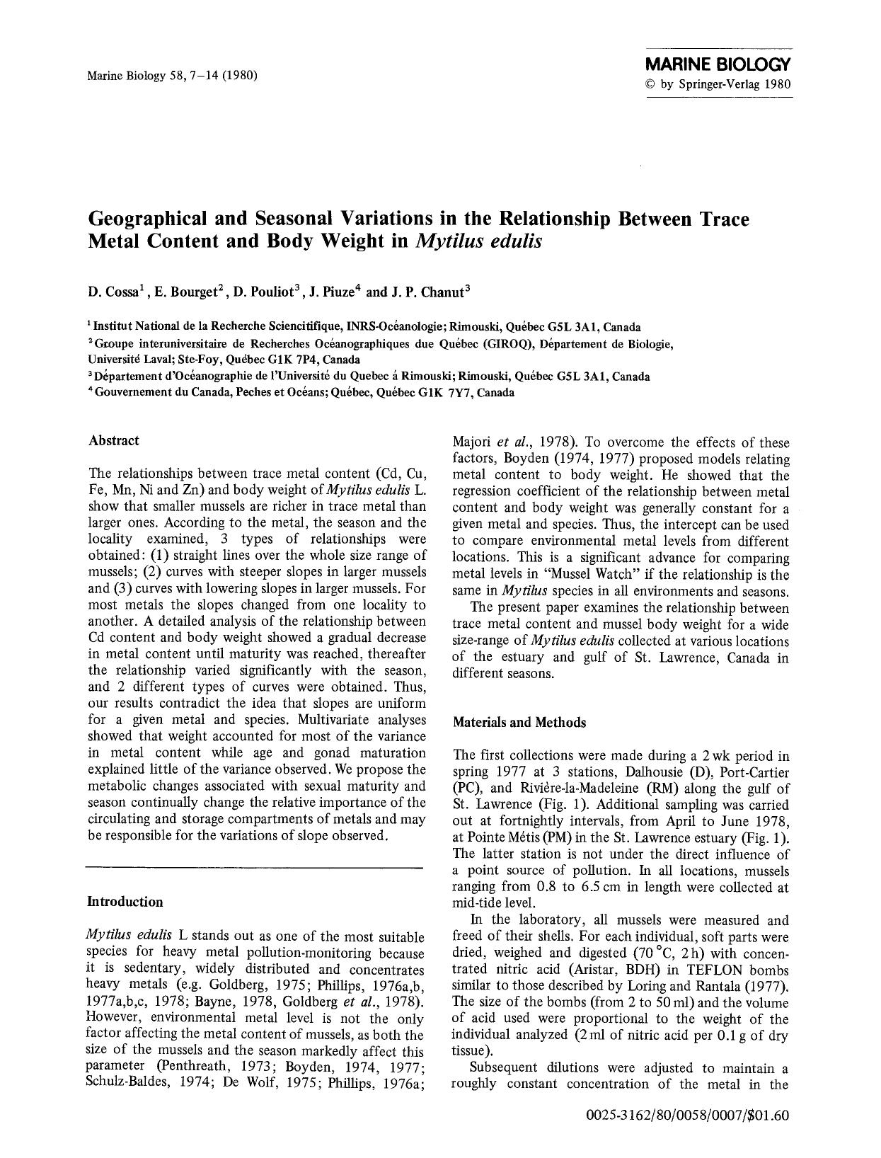 Geographical and seasonal variations in the relationship between trace metal content and body weight in <Emphasis Type="Italic">Mytilus edulis<Emphasis> by Unknown