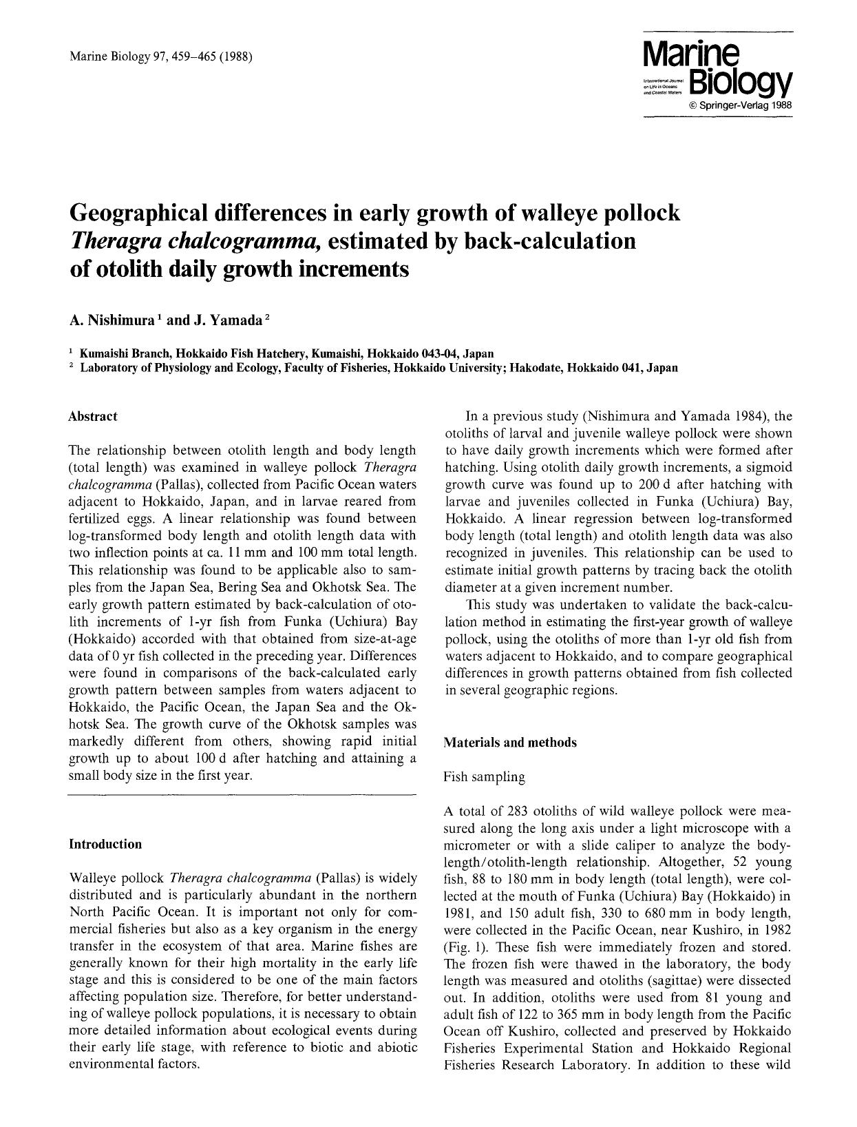 Geographical differences in early growth of walleye pollock <Emphasis Type="Italic">Theragra chalcogramma<Emphasis>, estimated by back-calculation of otolith daily growth increments by Unknown