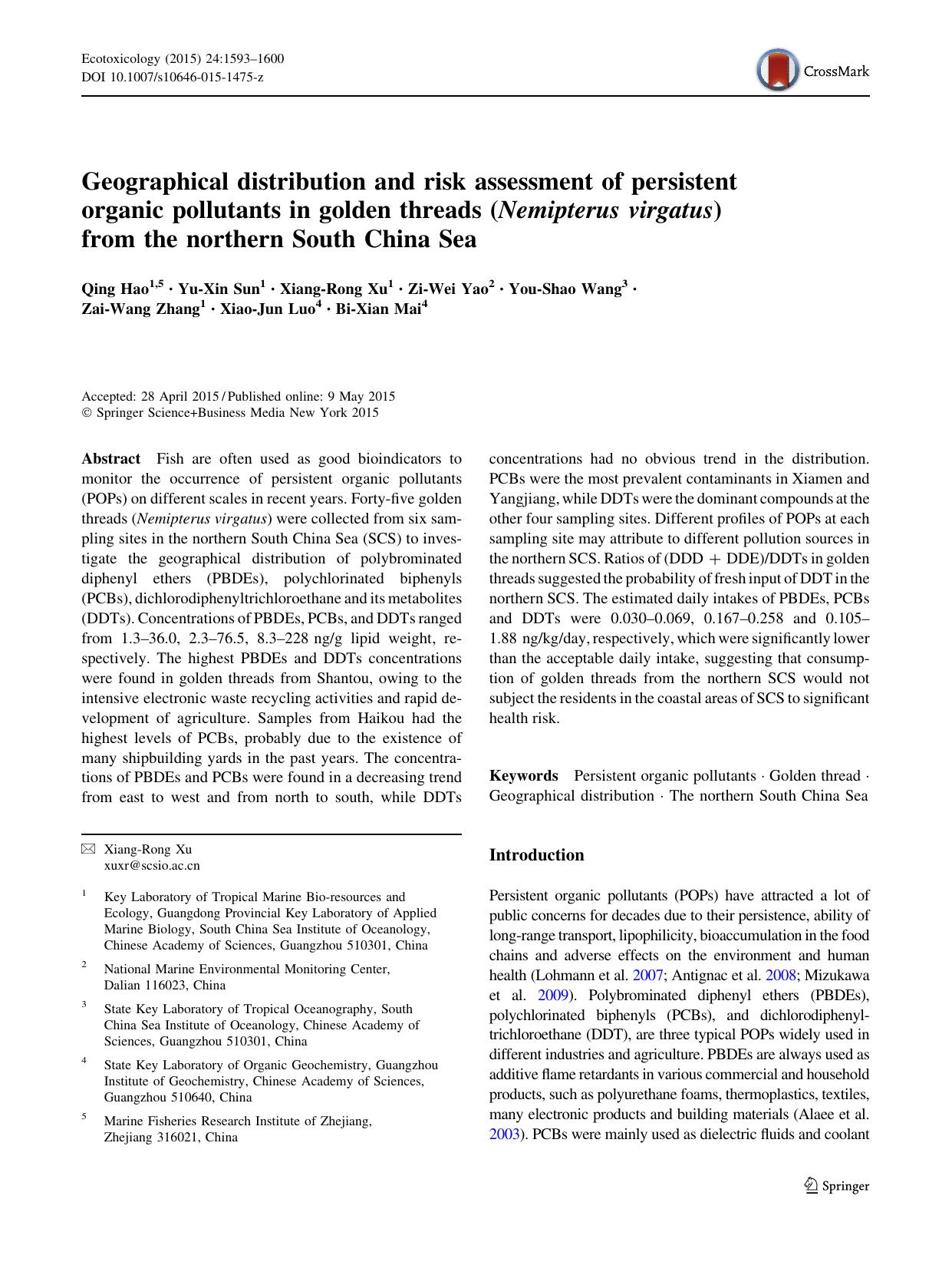Geographical distribution and risk assessment of persistent organic pollutants in golden threads (Nemipterus virgatus) from the northern South China Sea by unknow