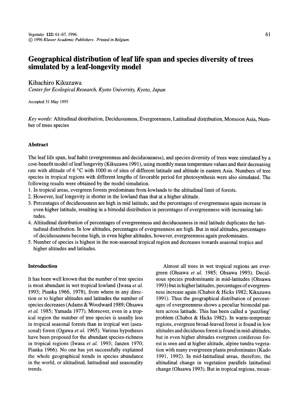 Geographical distribution of leaf life span and species diversity of trees simulated by a leaf-longevity model by Unknown