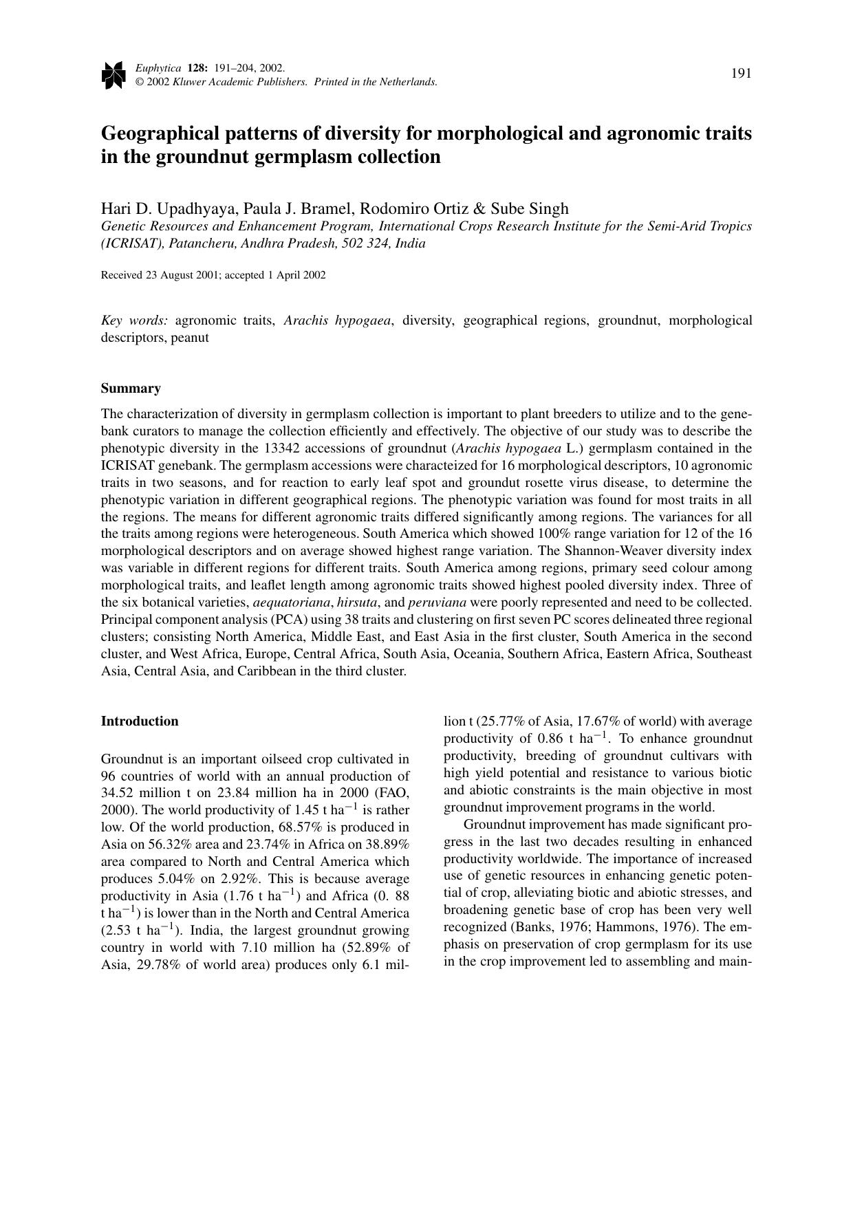 Geographical patterns of diversity for morphological and agronomic traits in the groundnut germplasm collection by Unknown