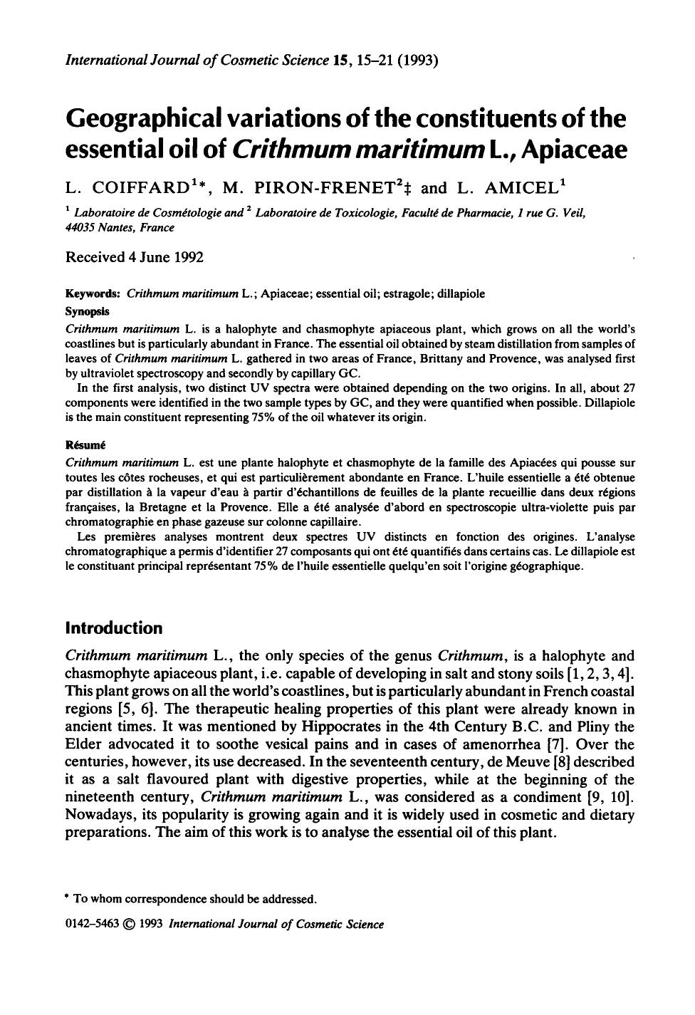 Geographical variations of the constituents of the essential oil of Crithmum maritimum L., Apiaceae by Unknown
