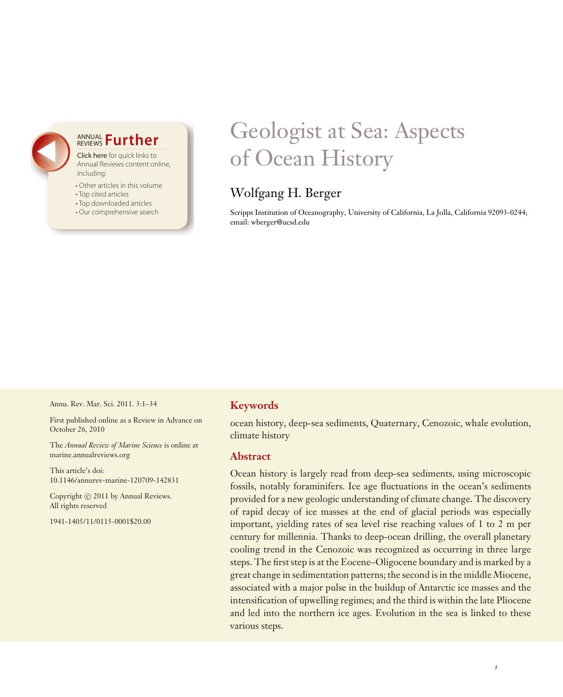 Geologist at Sea: Aspects of Ocean History by Wolfgang H. Berger