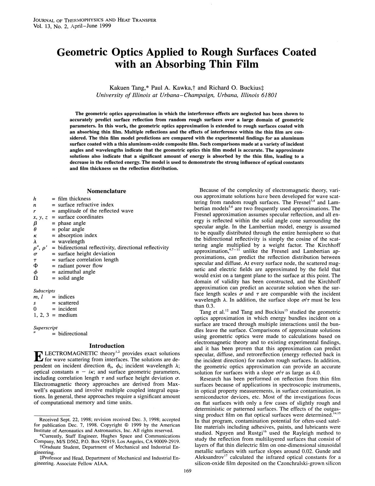 Geometric Optics Applied to Rough Surfaces Coated with an Absorbing Thin Film by Unknown