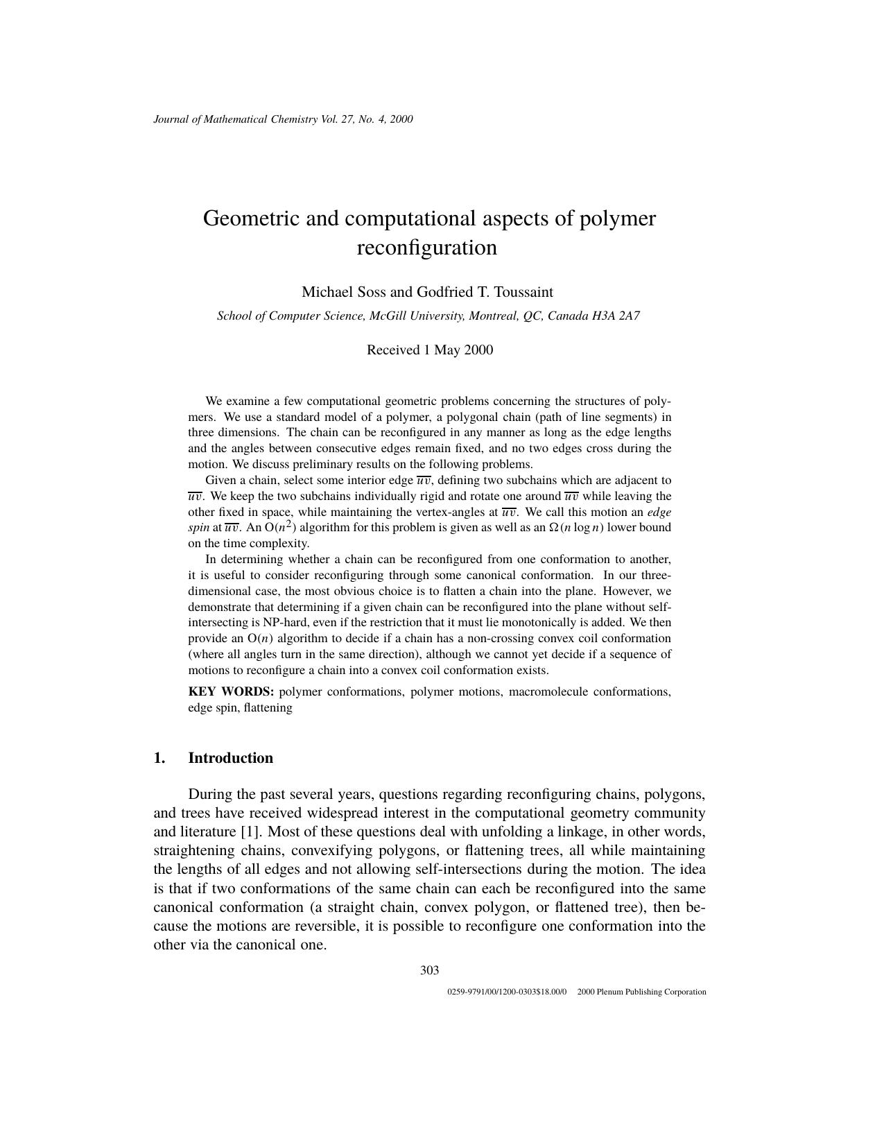 Geometric and computational aspects of polymer reconfiguration by Unknown