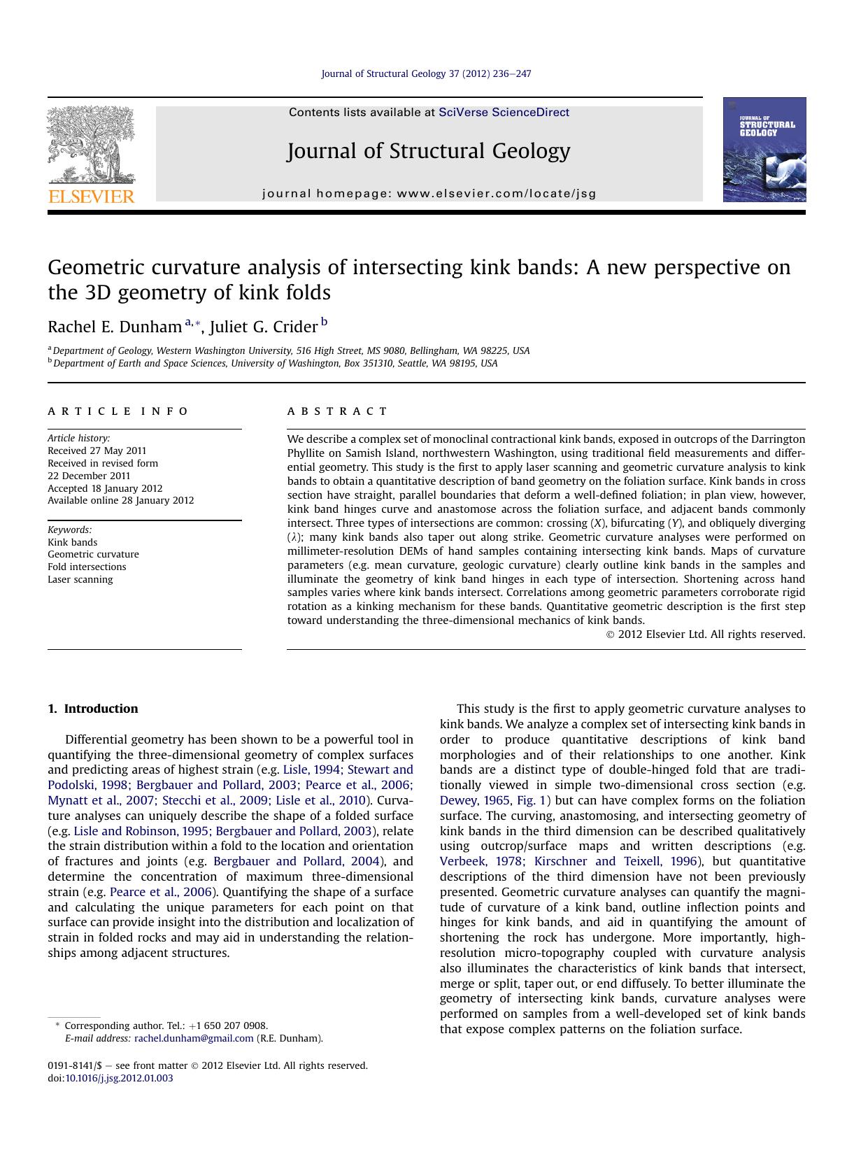 Geometric curvature analysis of intersecting kink bands: A new perspective on the 3D geometry of kink folds by Rachel E. Dunham & Juliet G. Crider