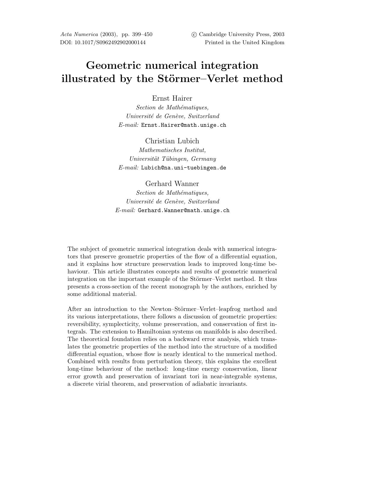 Geometric numerical integration illustrated by the Stormer-Verlet method by Unknown