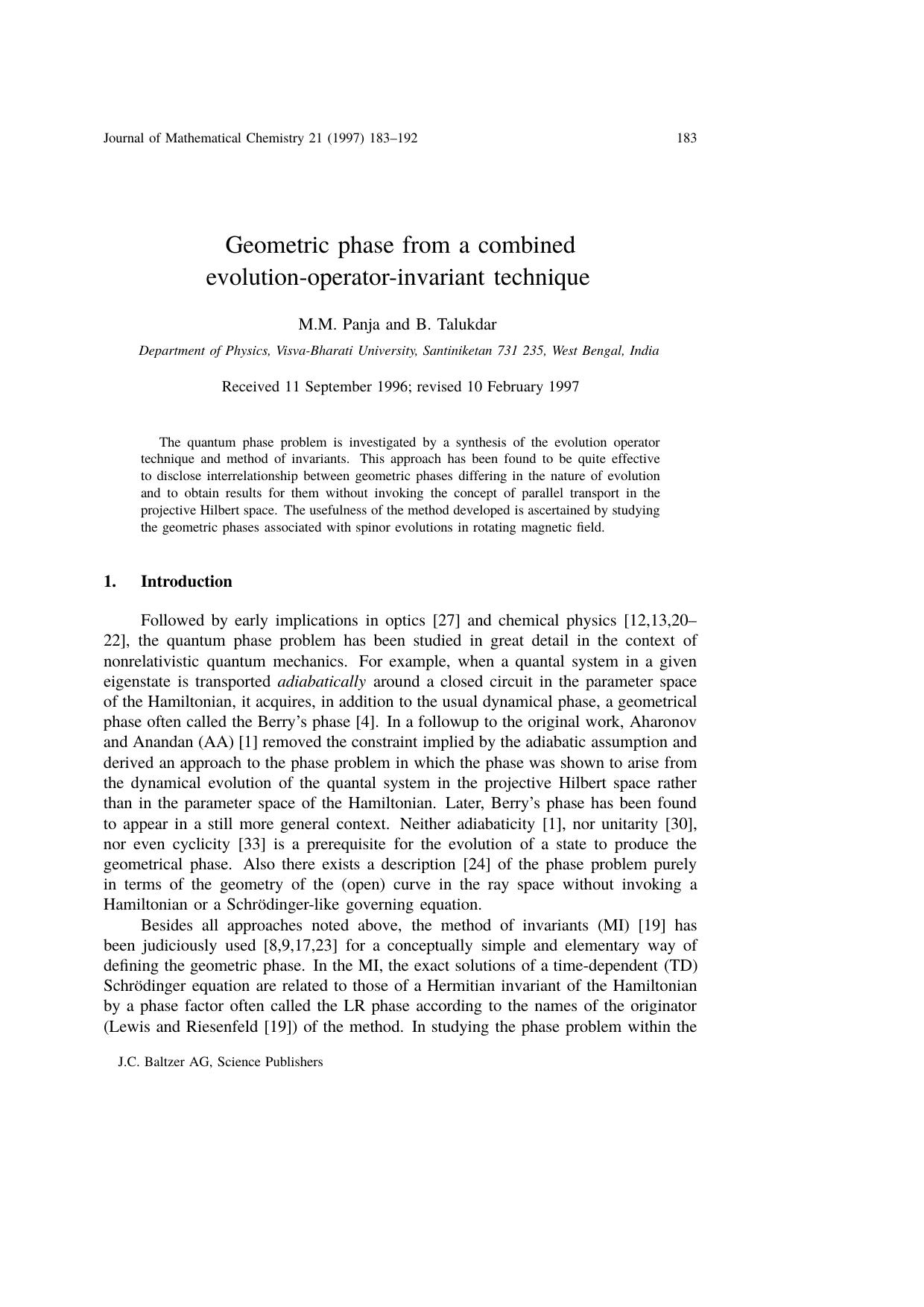 Geometric phase from a combined evolution&#x2010;operator&#x2010;invariant technique by Unknown