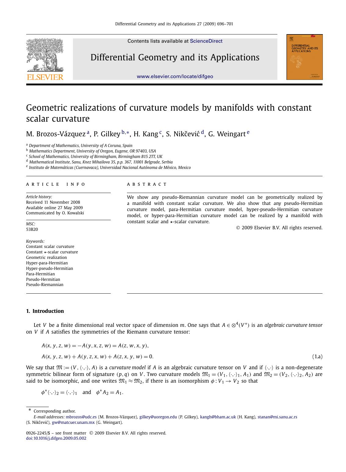 Geometric realizations of curvature models by manifolds with constant scalar curvature by M. Brozos-Vázquez; P. Gilkey; H. Kang; S. Nikčević; G. Weingart