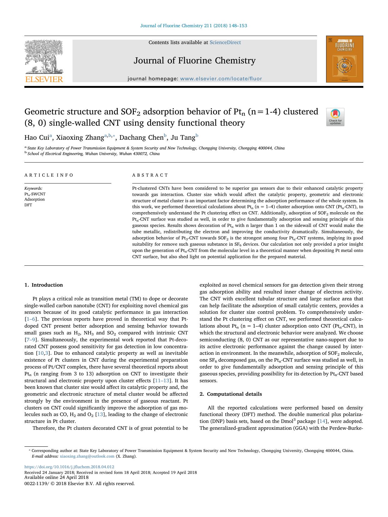 Geometric structure and SOF2 adsorption behavior of Ptn (n=1-4) clustered (8, 0) single-walled CNT using density functional theory by Hao Cui & Xiaoxing Zhang & Dachang Chen & Ju Tang