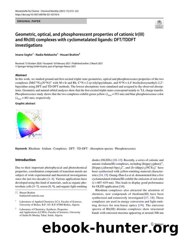 Geometric, optical, and phosphorescent properties of cationic Ir(III) and Rh(III) complexes with cyclometalated ligands: DFTTDDFT investigations by Imane Seghir & Nadia Nebbache & Houari Brahim