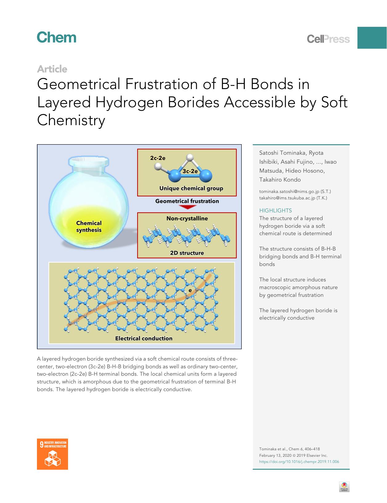 Geometrical Frustration of B-H Bonds in Layered Hydrogen Borides Accessible by Soft Chemistry by unknow