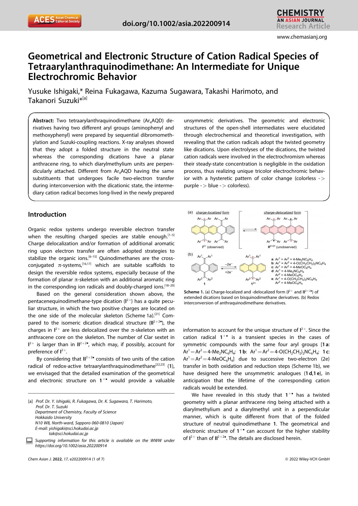 Geometrical and Electronic Structure of Cation Radical Species of Tetraarylanthraquinodimethane: An Intermediate for Unique Electrochromic Behavior by Unknown