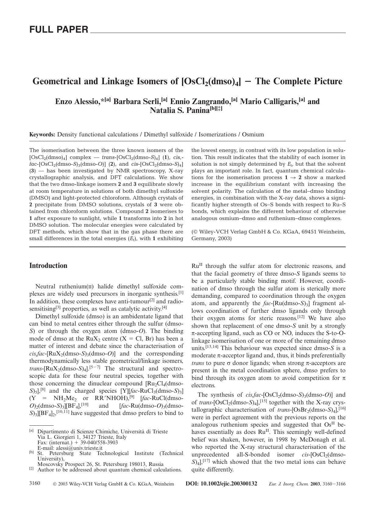 Geometrical and Linkage Isomers of [OsCl2(dmso)4] - The Complete Picture by Unknown