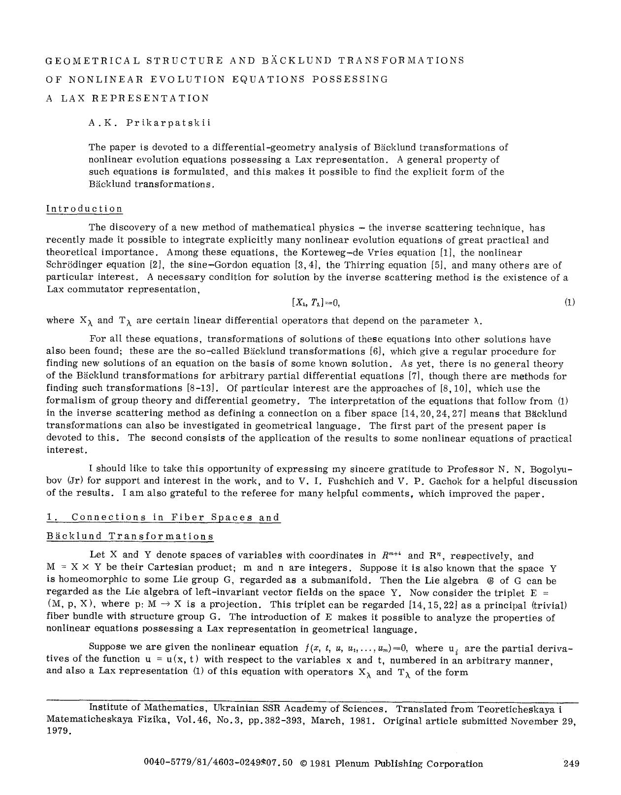 Geometrical structure and Bäcklund transformations of nonlinear evolution equations possessing a Lax representation by Unknown