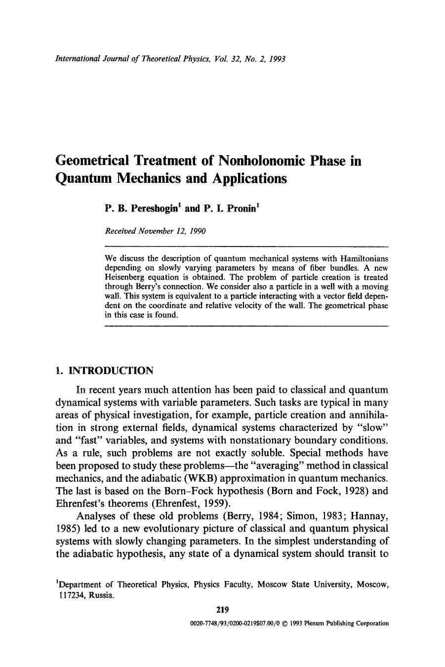 Geometrical treatment of nonholonomic phase in quantum mechanics and applications by Unknown