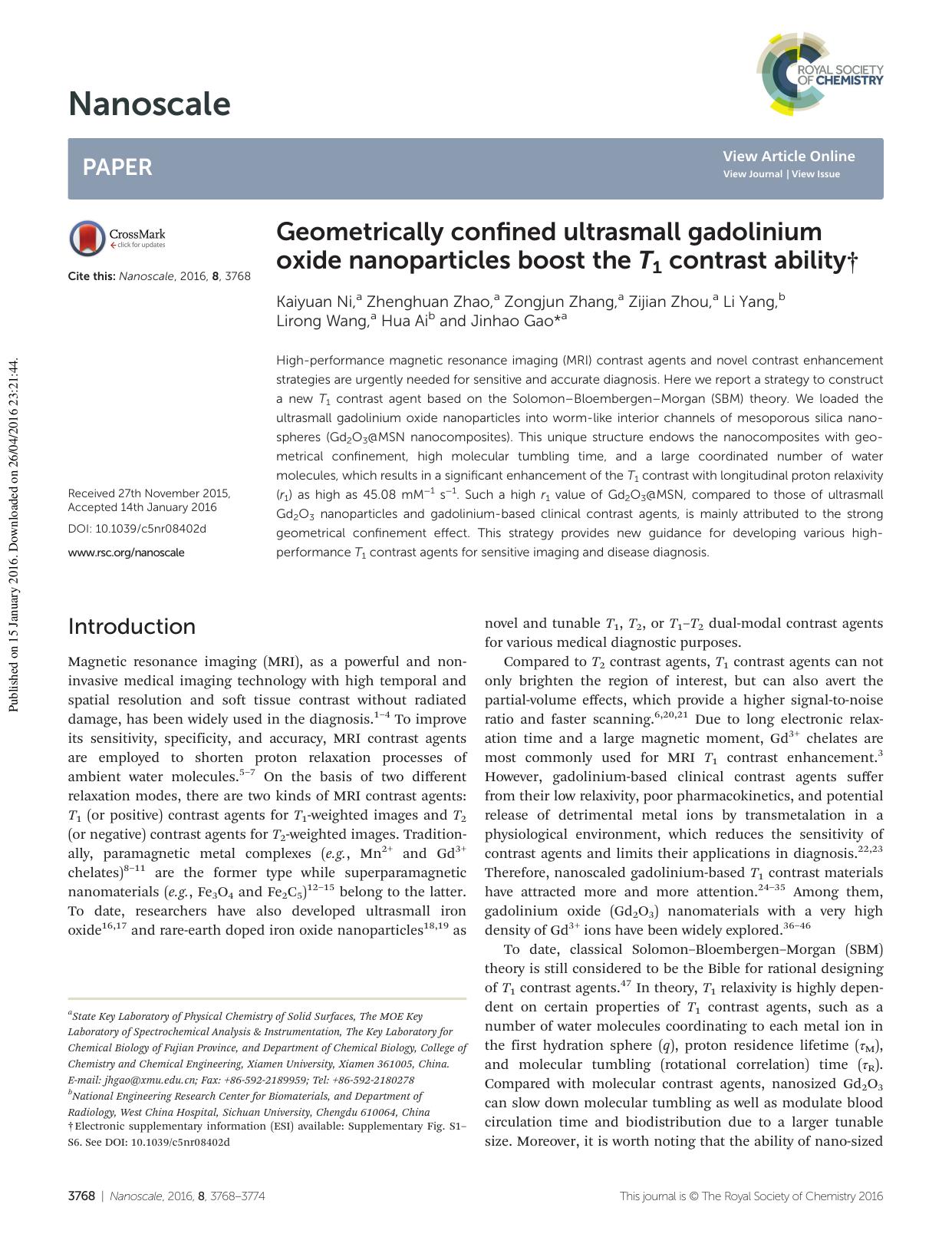 Geometrically confined ultrasmall gadolinium oxide nanoparticles boost the T1 contrast ability by Kaiyuan Ni Zhenghuan Zhao Zongjun Zhang Zijian Zhou Li Yang Lirong Wang Hua Ai Jinhao Gao