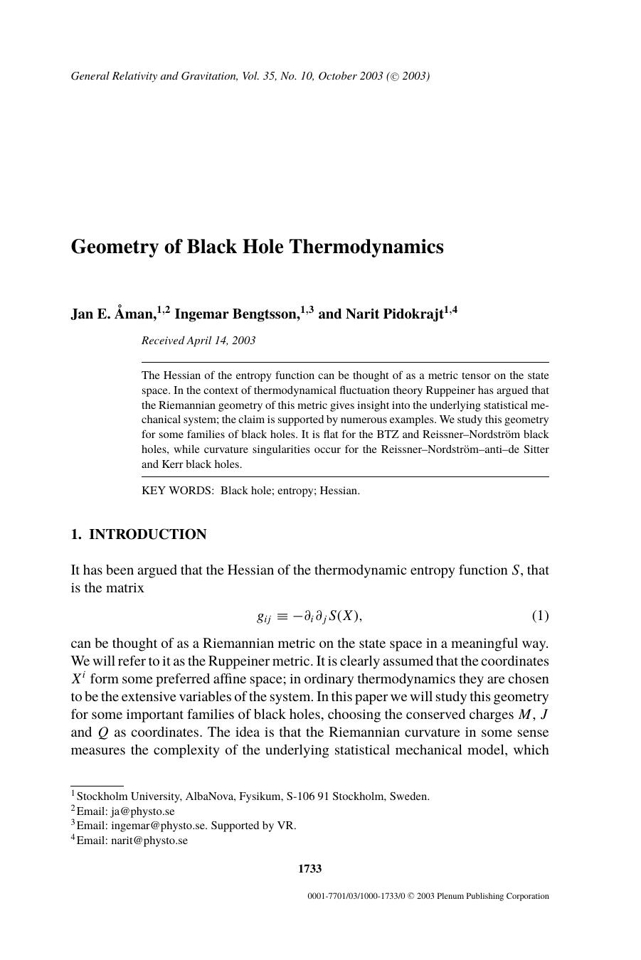 Geometry of Black Hole Thermodynamics by Unknown