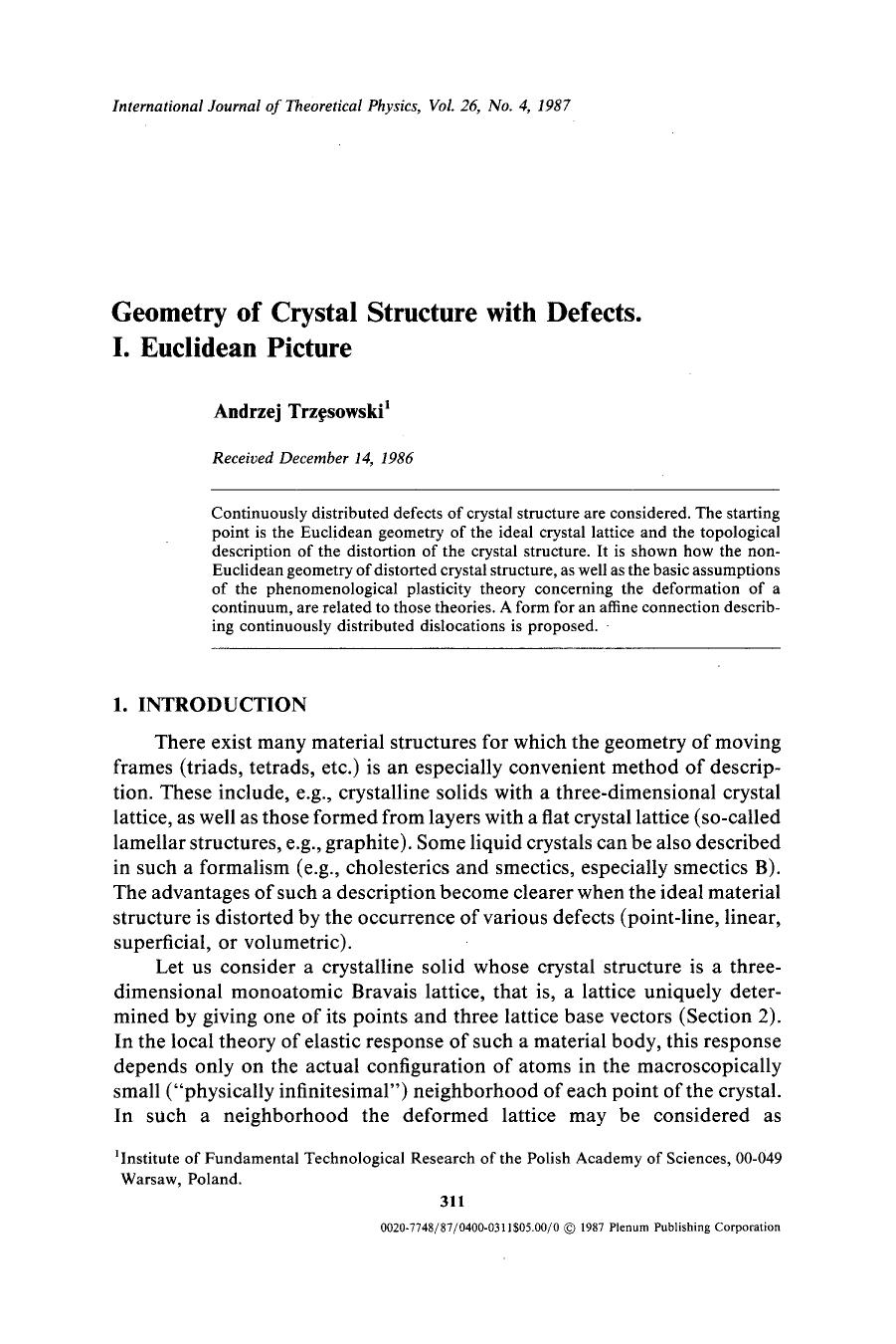 Geometry of crystal structure with defects. I. Euclidean picture by Unknown