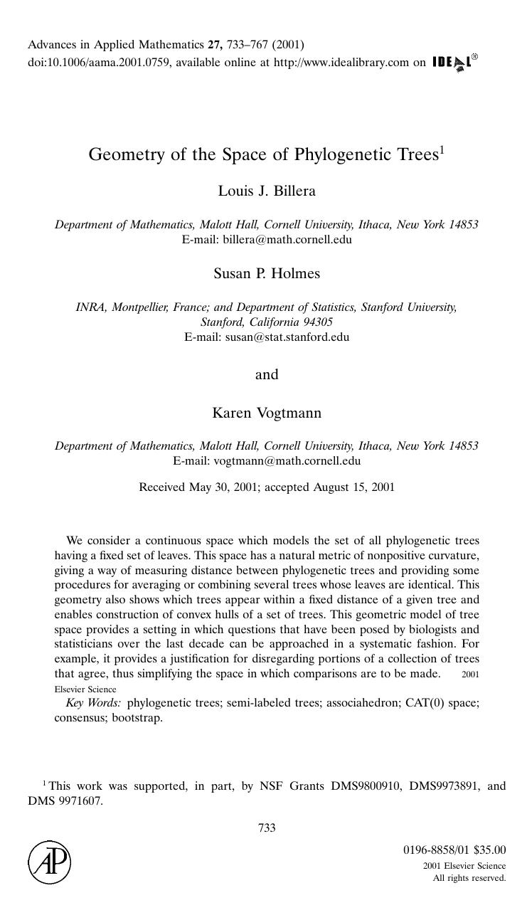 Geometry of the Spcae of Phylogenetic Trees by Billera L. et al